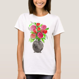 Hand drawn Ink Doodle Pink & Red Watercolor Floral T-Shirt