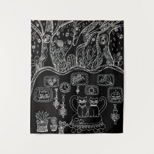 Hand-drawn intricate cats tapestry