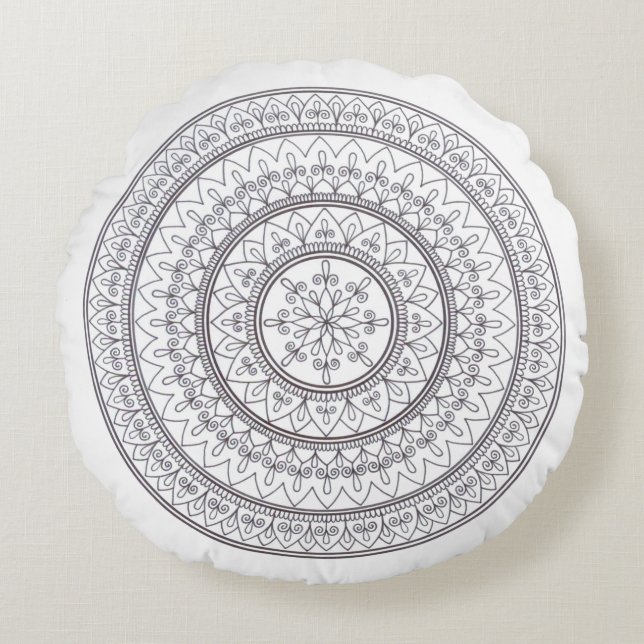 Hand Drawn Intricate Mandala Art For Colouring In Round Cushion (Front)