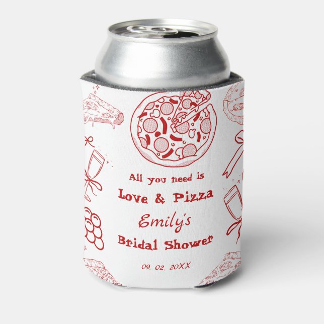 Hand Drawn is love & Pizza Bridal Shower Can Cooler (Can Back)