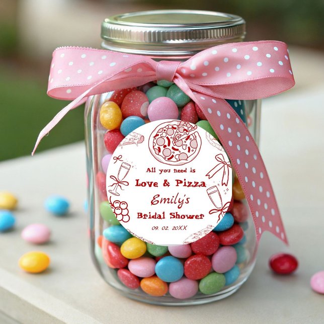 Hand Drawn is love & Pizza Bridal Shower Classic Round Sticker (Creator Uploaded)