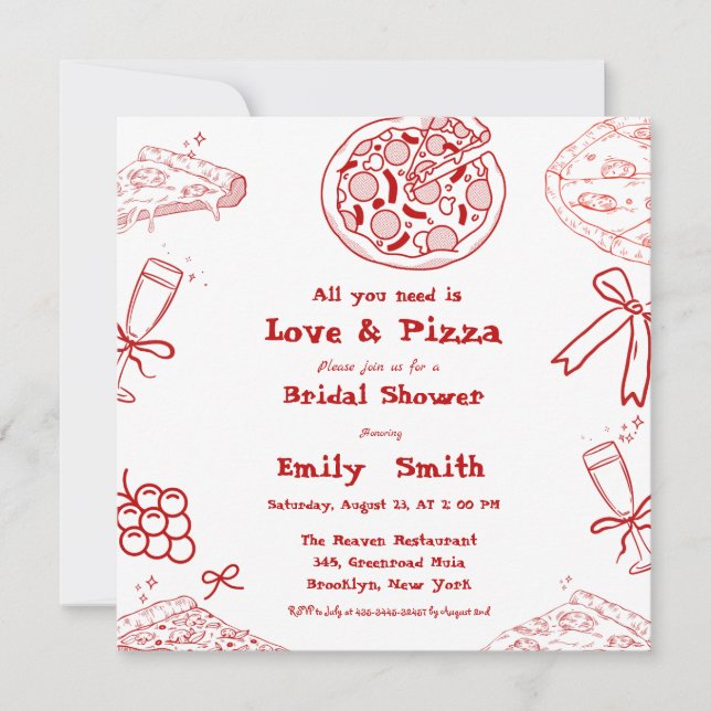 Hand Drawn is love & Pizza Bridal Shower Invitation (Front)