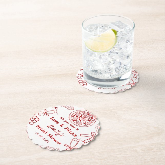 Hand Drawn is love & Pizza Bridal Shower Paper Coaster (Insitu)