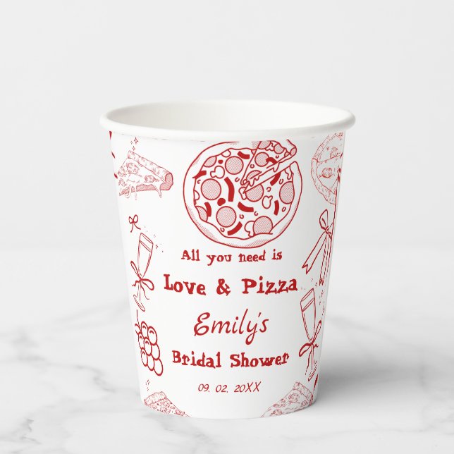 Hand Drawn is love & Pizza Bridal Shower Paper Cups (Back)