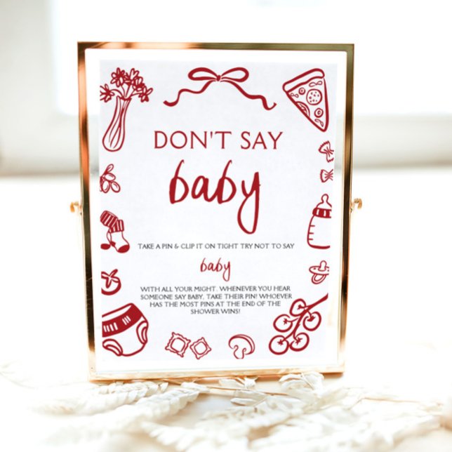 Hand Drawn Italian Baby Dont Say Baby Baby Shower Poster (Hand Drawn Italian Baby Dont Say Baby Baby Shower Sign )