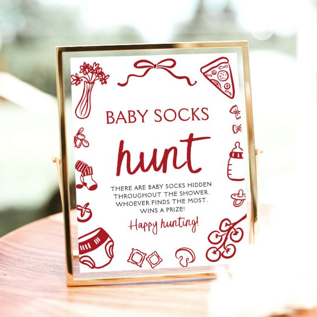 Hand Drawn Italian Baby Socks Hunt Baby Shower Poster (Hand Drawn Italian Baby Socks Hunt Baby Shower Sign)