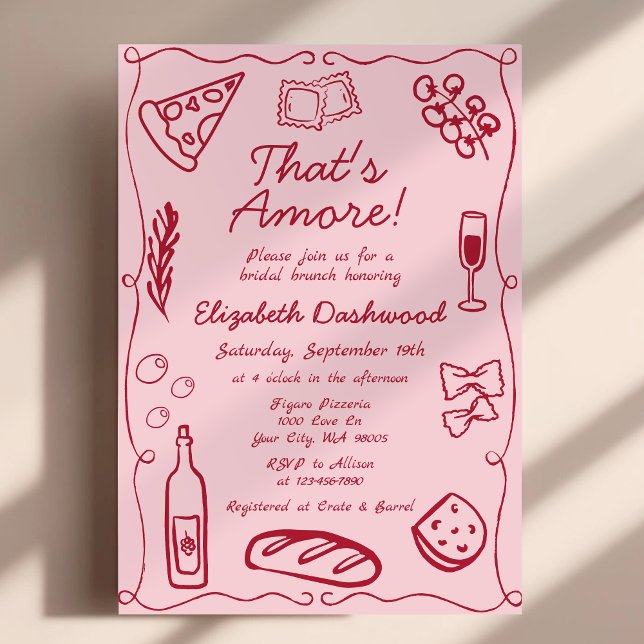 Hand Drawn Italian That's Amore Red Bridal Brunch Invitation (Creator Uploaded)
