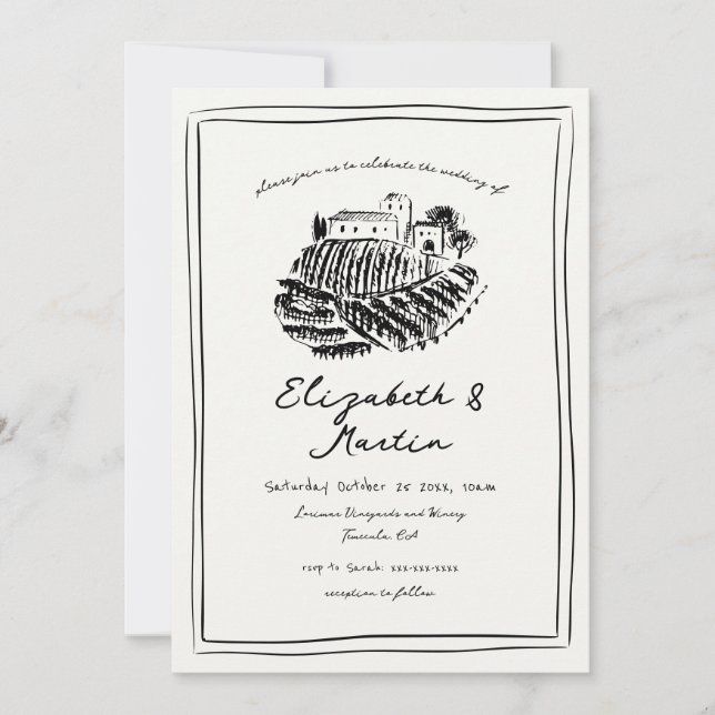 Hand Drawn Italian Vineyard Wedding Invitation (Front)