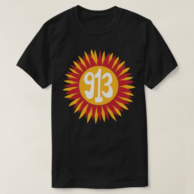 Hand Drawn Kansas Sunflower 913 Area Code Red Gold T-Shirt (Design Front)