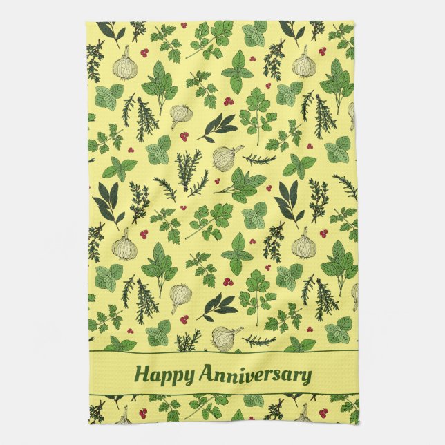 Hand Drawn Kitchen Herbs Patterned Cream Tea Towel (Vertical)