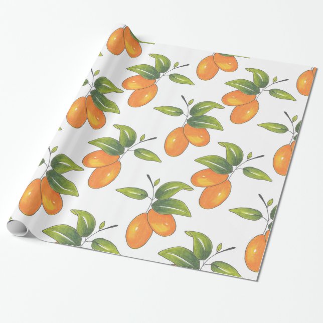 Hand Drawn Kumquats Pattern Wrapping Paper (Unrolled)