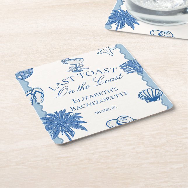 Hand Drawn Last Toast on The Coast Bachelorette Square Paper Coaster (Angled)