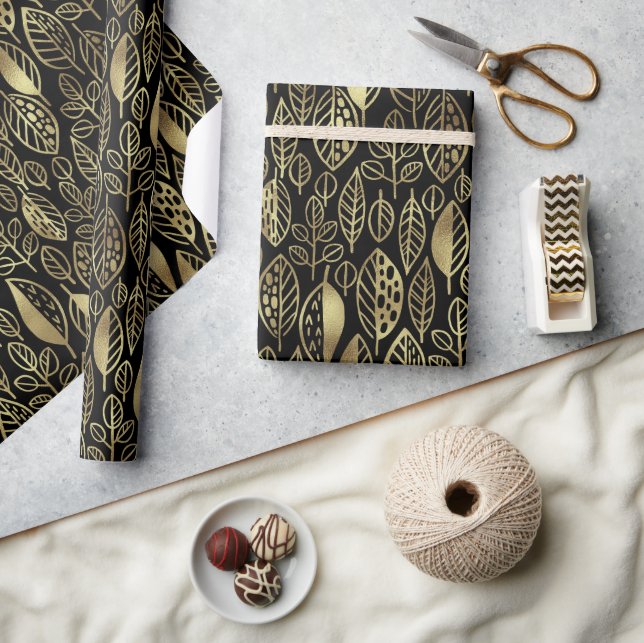 Hand Drawn Leaf Pattern Black/Gold ID495 Wrapping Paper (Crafts)