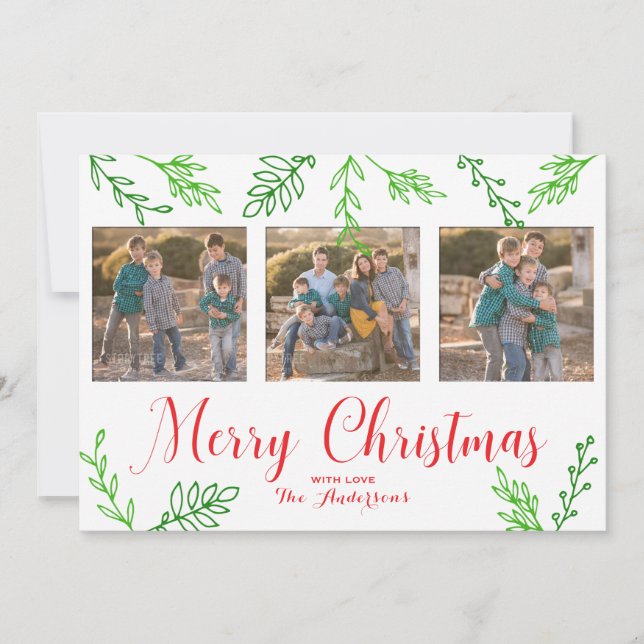 Hand Drawn Leaves Christmas Photo Card (Front)