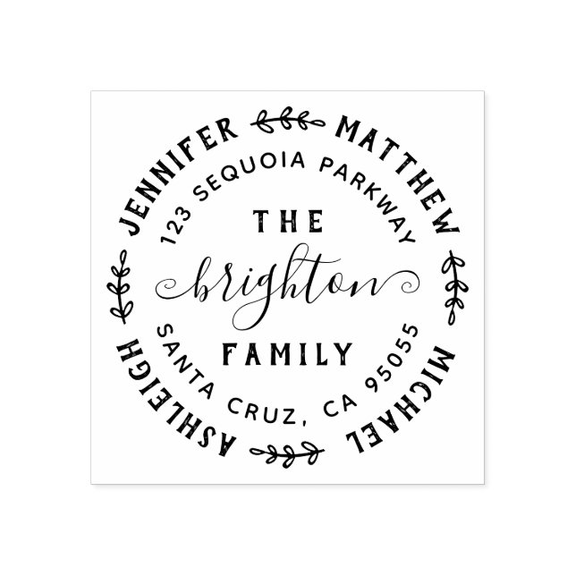 Hand Drawn Leaves | Family Names & Return Address Rubber Stamp (Imprint)