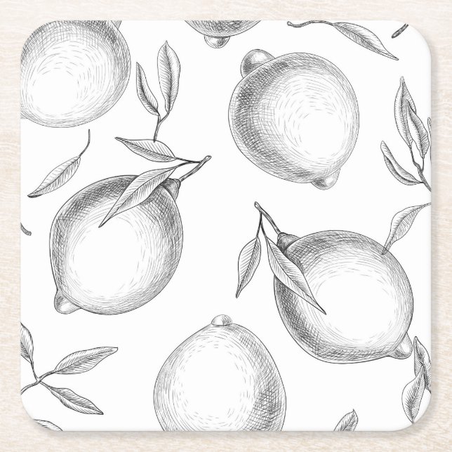 Hand drawn Lemon pattern Square Paper Coaster (Front)