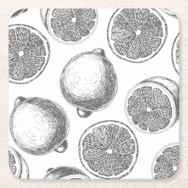 Hand drawn lemon pattern square paper coaster (Front)