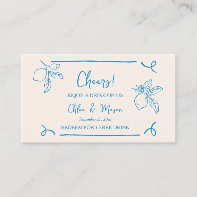 Hand Drawn Lemon Wedding Drink Ticket (Front)