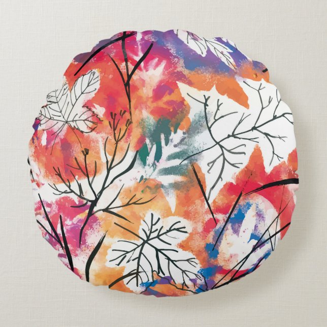 Hand Drawn Lemons, Blue Leaves Pattern. Round Cushion (Front)