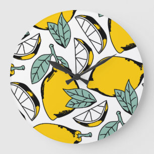 Hand drawn lemons, vibrant pattern. large clock