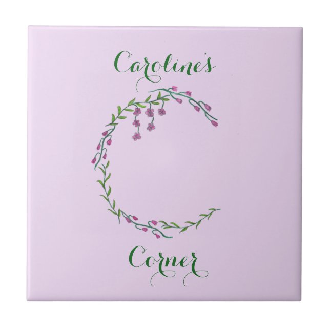 Hand Drawn Letter C Initial Monogram Vines Flowers Ceramic Tile (Front)