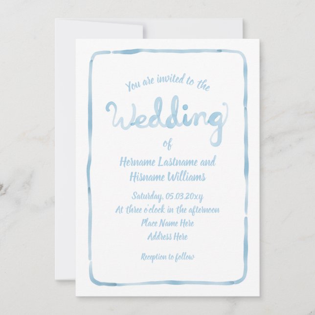 Hand Drawn Light Blue Simple Frame Wedding Invitation (Front)