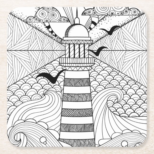 Hand Drawn Lighthouse Doodle Square Paper Coaster (Front)