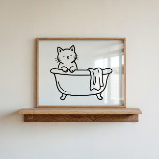 Hand-Drawn Line Art Cat in Bathtub Bathroom Art Poster