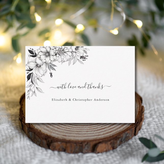 Hand Drawn Line Art Flowers Black White Wedding Thank You Card (Hand drawn line drawn floral black white wedding thank you card)