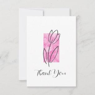 Hand Drawn Linear Tulip, Pink Watercolor Abstract Thank You Card