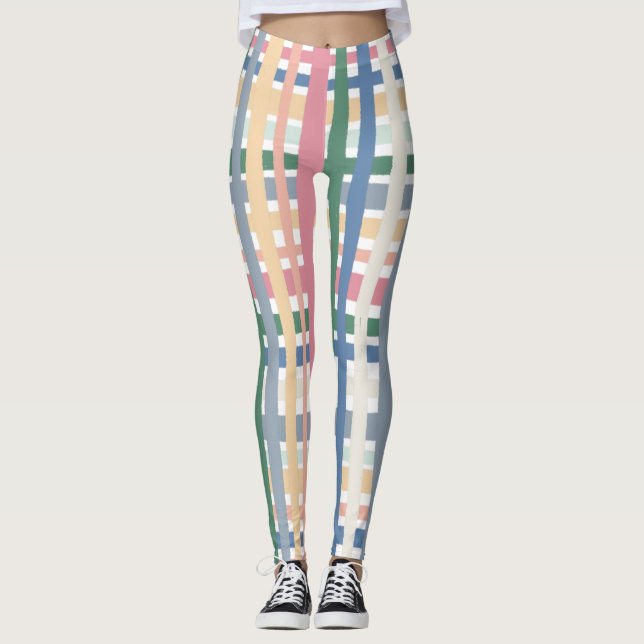 Hand Drawn Lines Colourful Striped Plaid Grid Leggings (Front)
