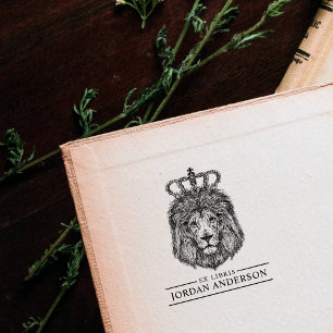 Hand Drawn Lion With Crown Custom Name Ex Libris Rubber Stamp