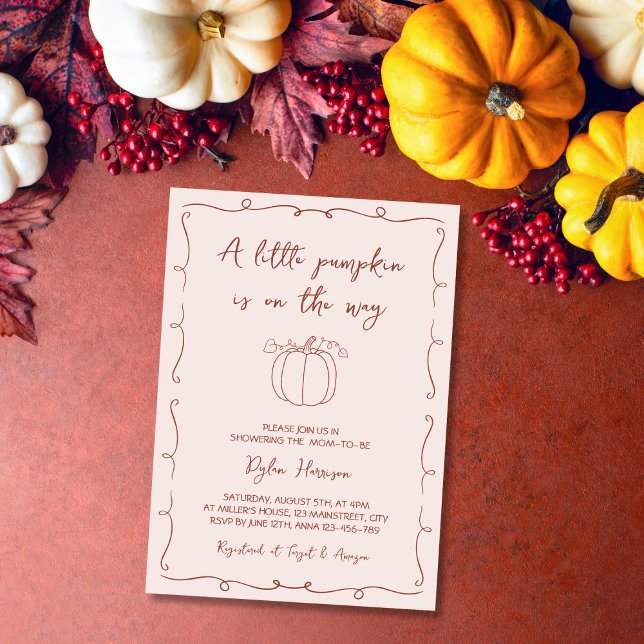 Hand Drawn Little Pumpkin Fall Autumn Baby Shower Invitation (Little Pumpkin Fall Autumn Hand Drawn Baby Shower Invitation)