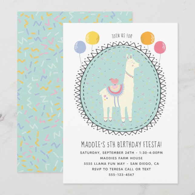 Hand drawn Llama Birthday Party Invitation (Front/Back)