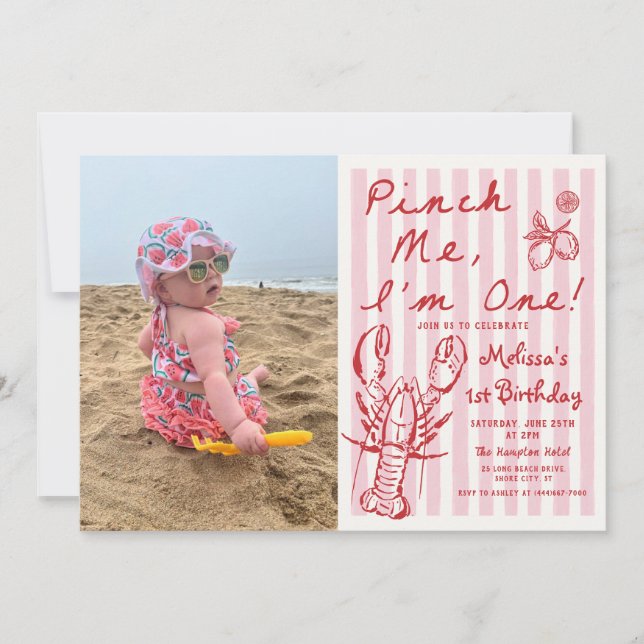 Hand Drawn Lobster 1st Birthday Photo Invitation (Front)