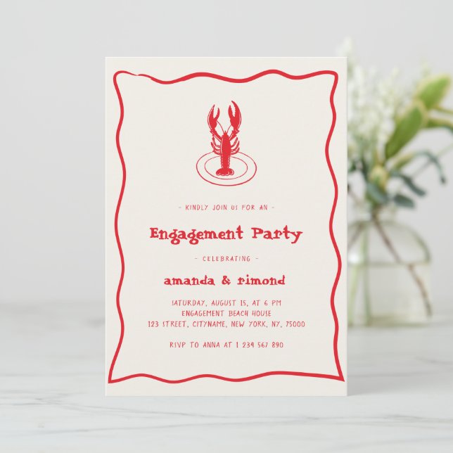 Hand Drawn Lobster Seafood Theme Engagement Party Invitation (Standing Front)
