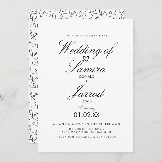 Hand Drawn Love and Hearts Doodle Wedding Invitation (Front/Back)