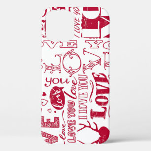 Hand-drawn love doodles, charming pattern. iPhone 12 case