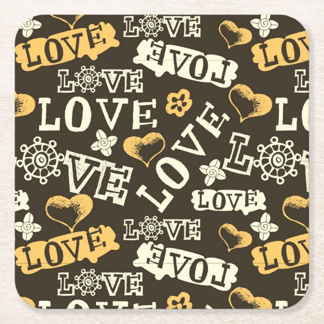 Hand Drawn Love Pattern Square Paper Coaster (Front)