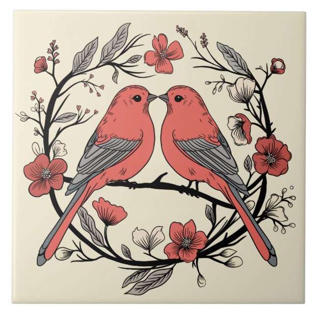 Hand drawn Lovebirds Decorative Ceramic Tile (Front)