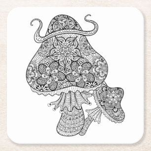 Hand Drawn Magic Mushrooms Doodle Square Paper Coaster