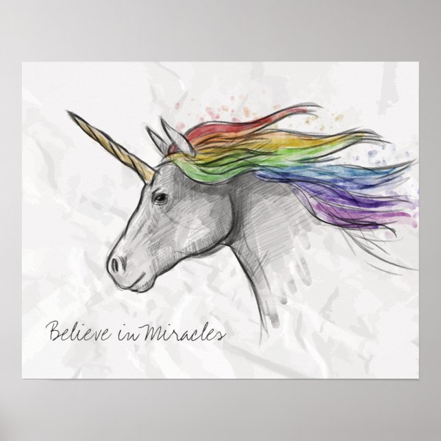 Hand Drawn Magical Unicorn. Believe in Miracles. Poster (Front)