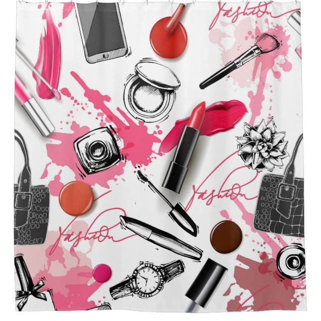 Hand-drawn makeup, vintage graphic pattern. shower curtain (Front)