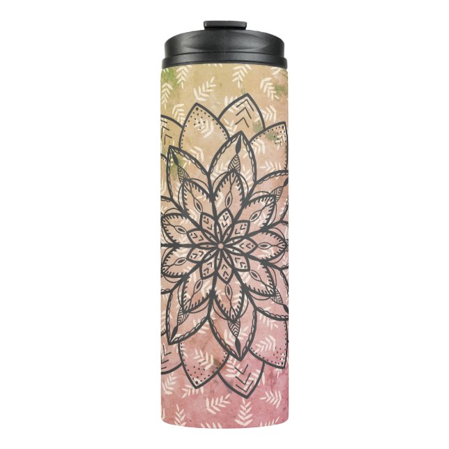 Hand Drawn Mandala Flower on Leaves Thermal Tumbler (Front)