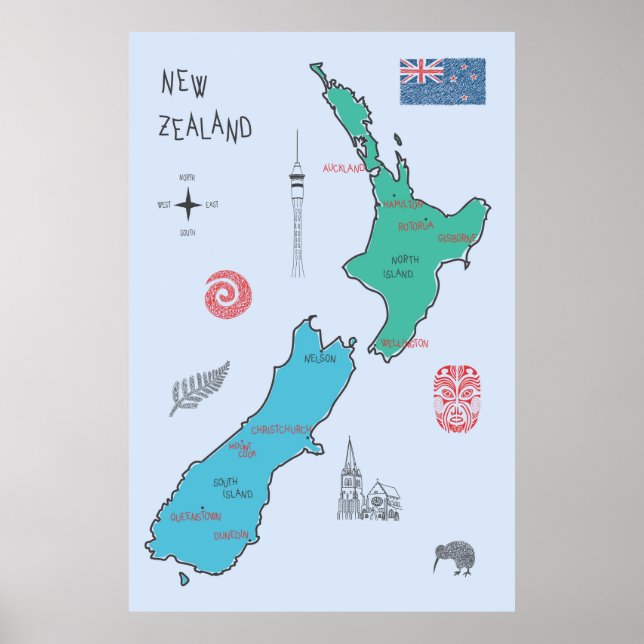 Hand-drawn map of New Zealand Poster (Front)