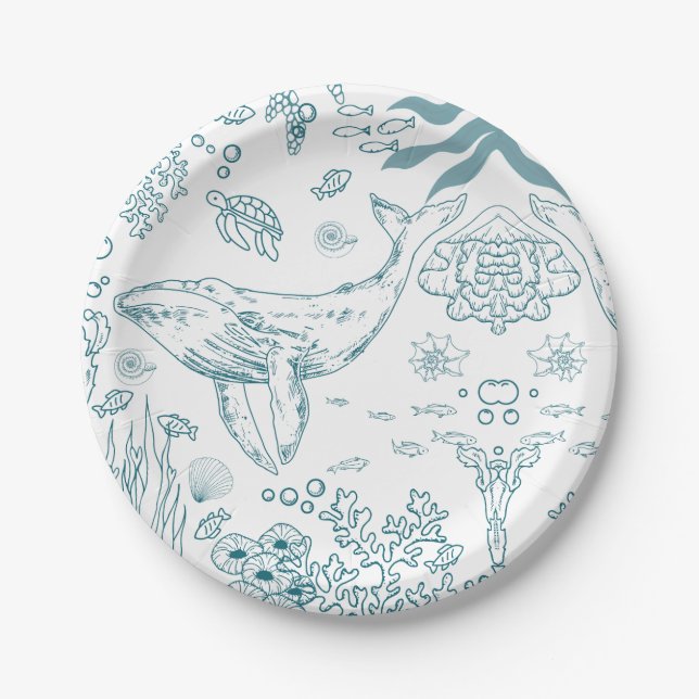 Hand-drawn Marine Life Paper Plate (Front)