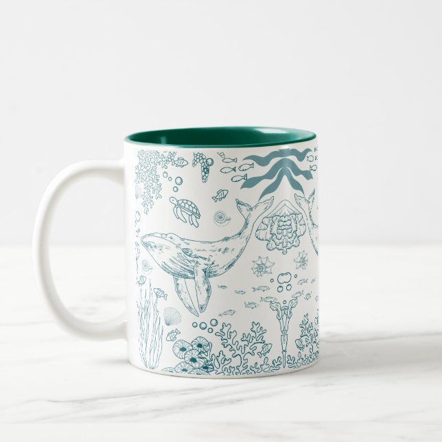 Hand-drawn Marine Life Two-Tone Coffee Mug (Left)