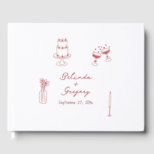 Hand Drawn Maroon Illustrations Doodles Wedding Guest Book (Front)