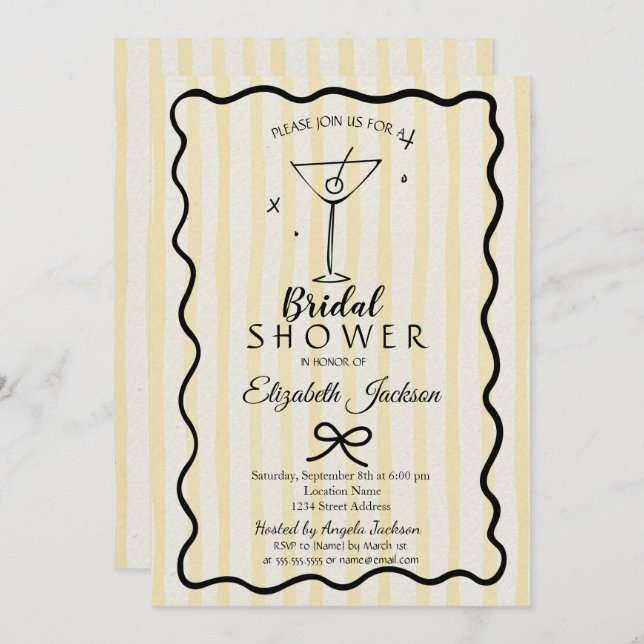 Hand-Drawn Martini Yellow Striped Bridal Shower  Invitation (Front/Back)