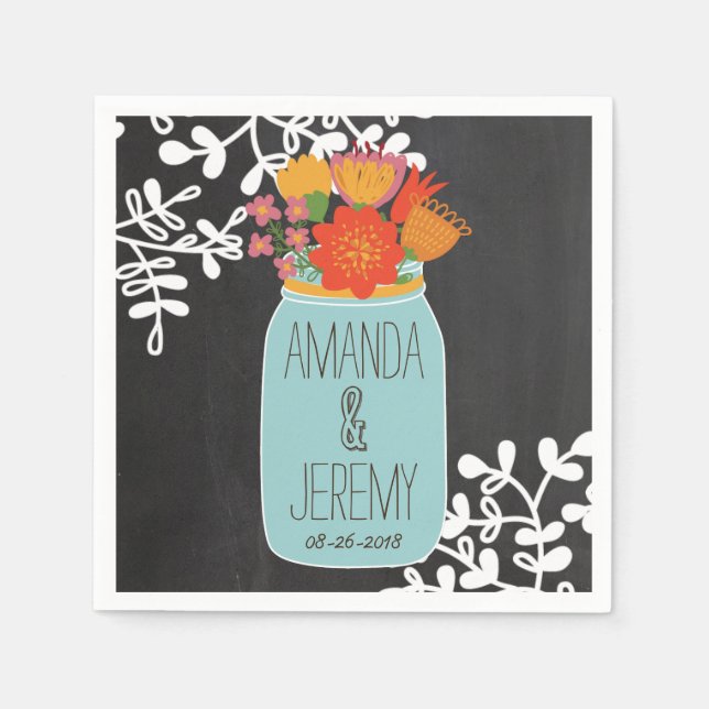 Hand Drawn Mason Jar & Flowers on Chalkboard Napkin (Front)